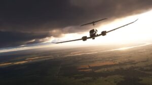 A plane flying toward a sunset in Microsoft Flight Simulator 2023